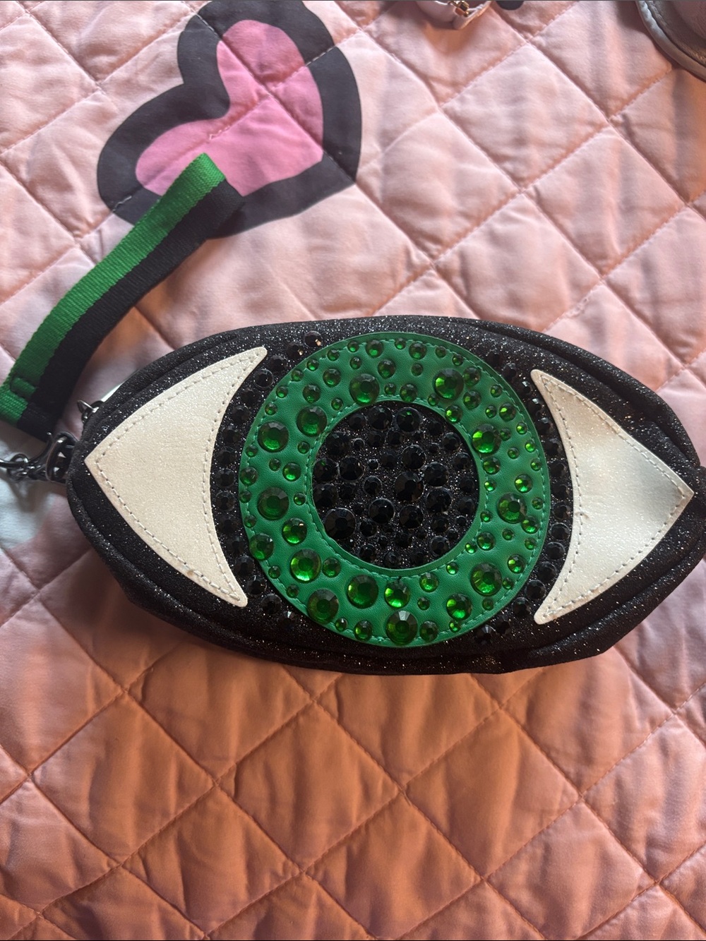 Bath & Body Works Black Eye-Shaped Wristlet with Green Crystal Center